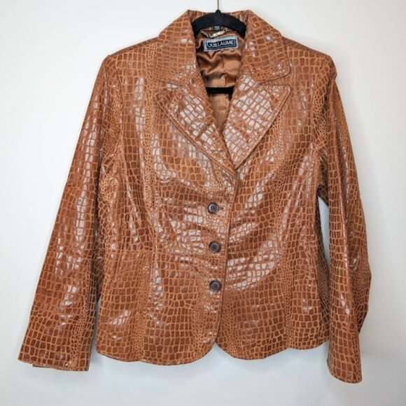 Vintage Brown  Leather Reptile Snake Alligator Print Button Front Jacket Large - Picture 2 of 10